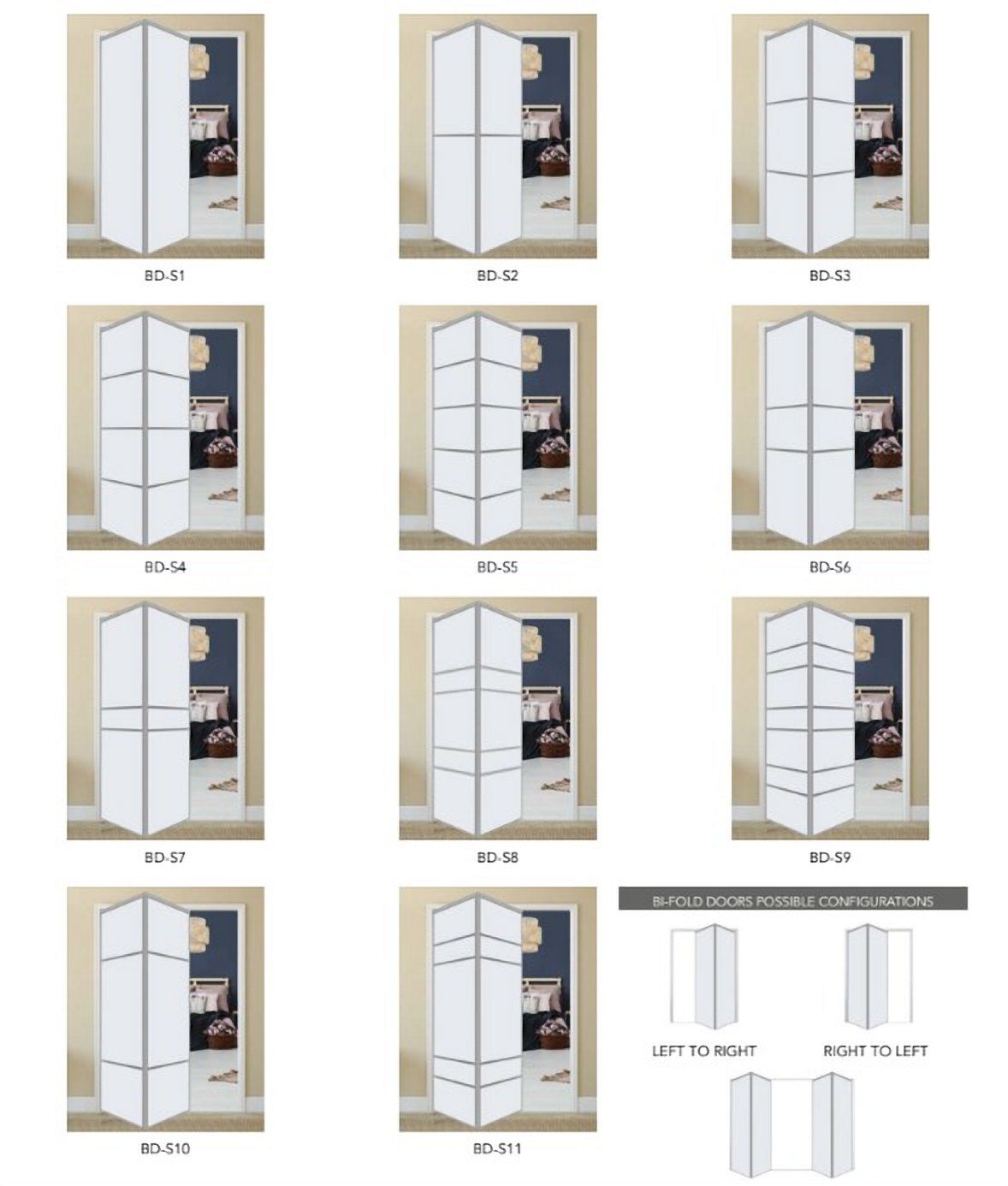 Bi-fold closet door designs BD-S1 to BD-S11