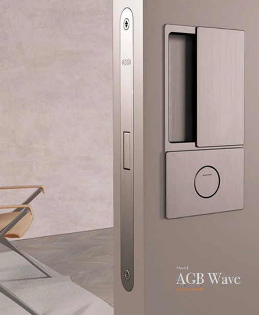 AGB Wave pocket door lock with flush pull in brushed finish