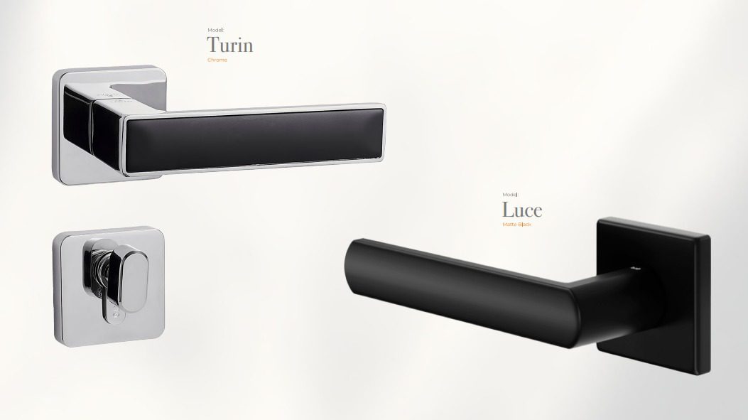 Turin lever handle in chrome and Luce lever handle in matte black