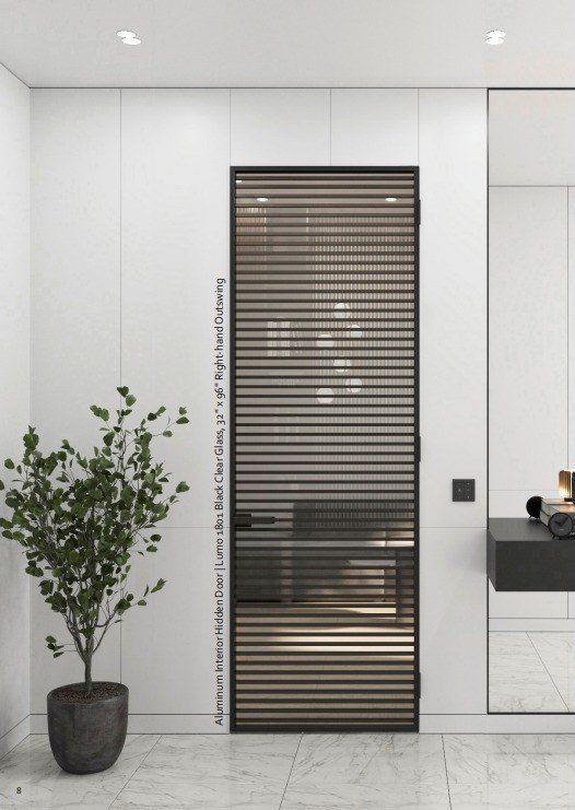 LUMO 1801 hidden door with horizontal bars and black clear glass