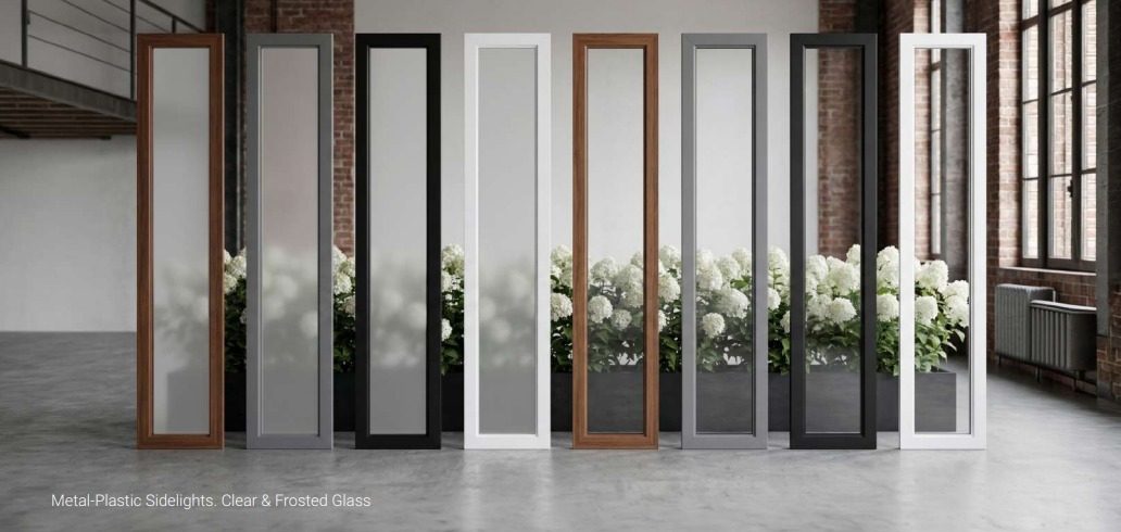 Row of metal-plastic sidelites in clear and frosted glass and several frame colours